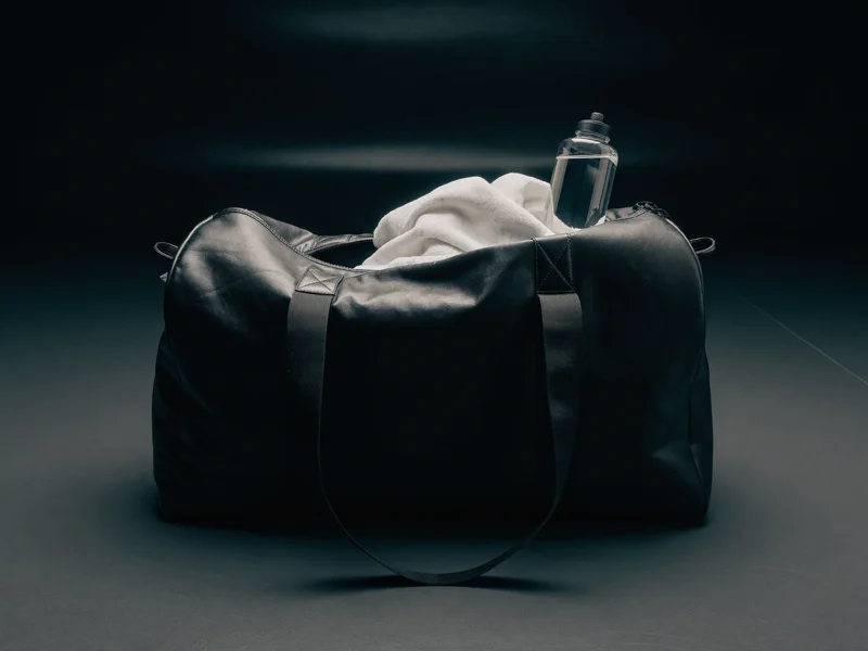Schwarze Gym-Duffelbag offen auf dem Trainingsboden, daneben Handtuch und Trinkflasche